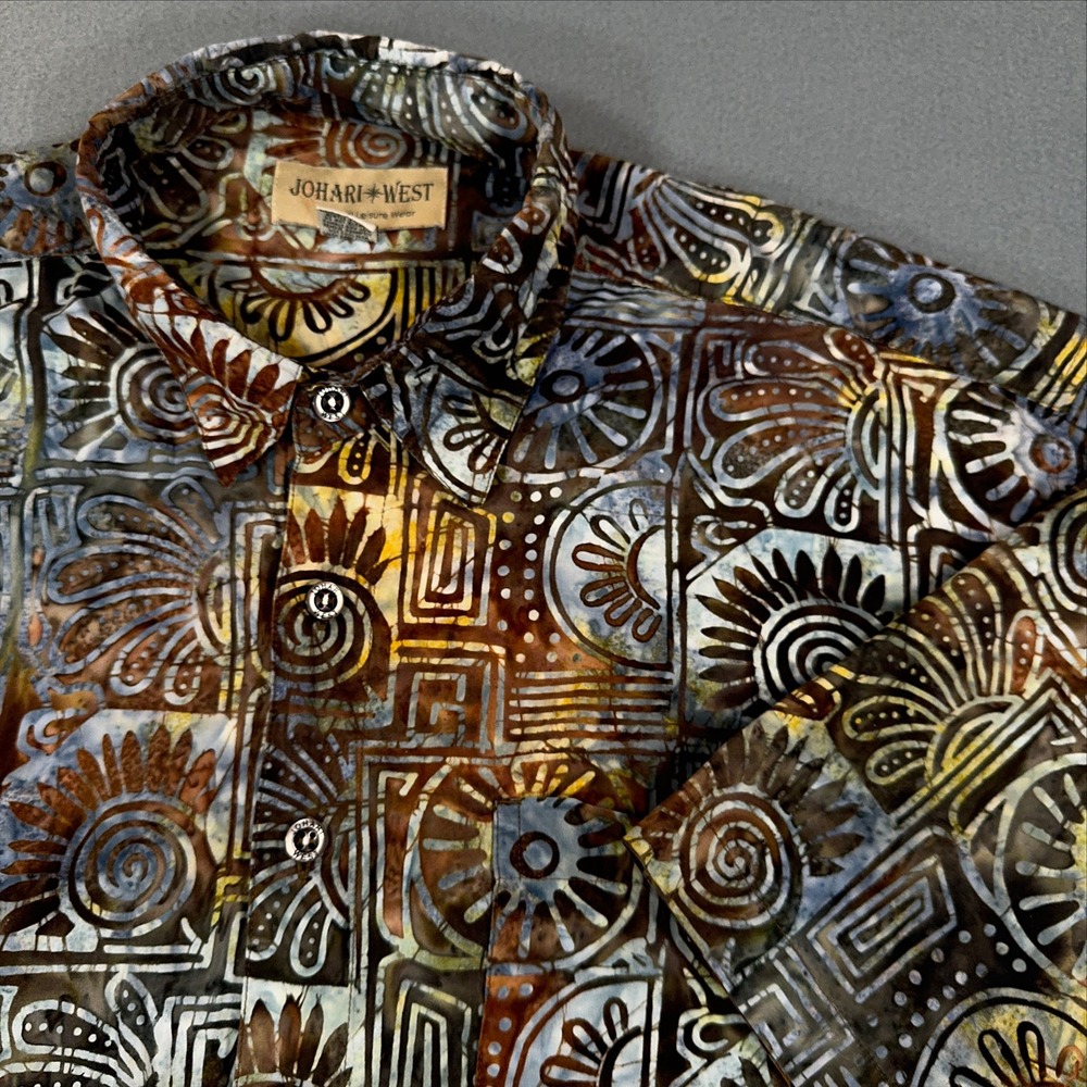Johari West Mens 3XLT Batik Woodblock Print Cotton Button Down Shirt Brown Blue